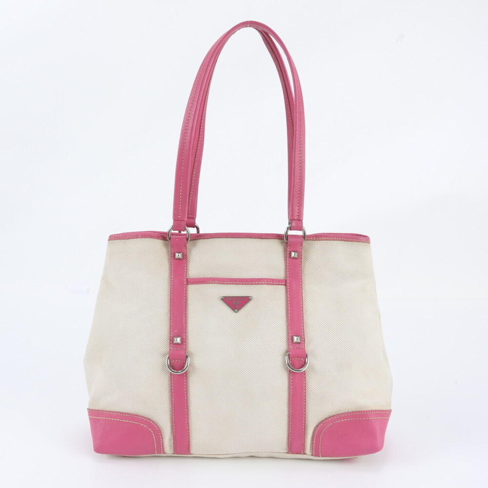 Prada Triangle Logo Leather Canvas Tote Bag Shoulder Pink Women's